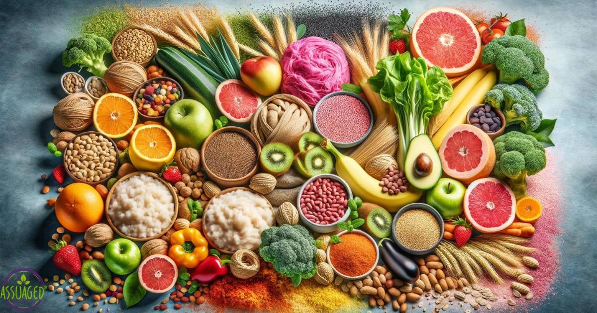 Lush and colorful display of dietary fiber sources including fruits like oranges, apples, and kiwis, legumes such as lentils and chickpeas, whole grains like wheat and oats, and vegetables including broccoli, cauliflower, and lettuce. The arrangement also includes nuts, seeds, and pulses, illustrating a rich and diverse fiber-rich diet.