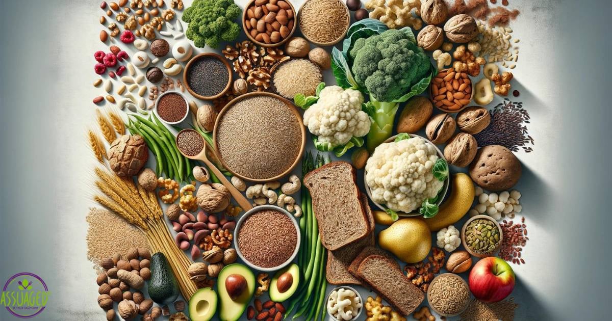 Comprehensive display of various insoluble fiber sources, including whole grains like wheat and barley, nuts such as almonds and walnuts, and vegetables like broccoli and cauliflower. Also featured are legumes, seeds, and fruits, all arranged neatly to showcase their texture and variety, emphasizing their role in a healthy, fiber-rich diet.
