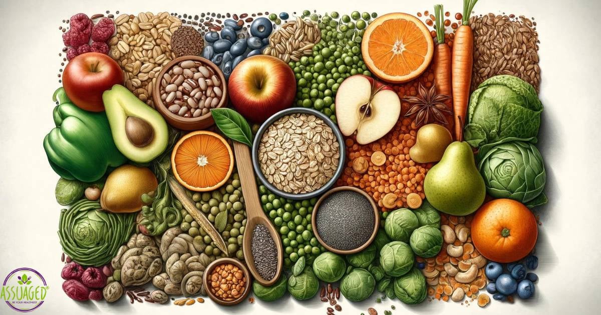 Colorful and detailed illustration of various sources of soluble fiber, including fruits like oranges and apples, vegetables such as Brussels sprouts and green beans, alongside legumes and grains like lentils and oats. The foods are artfully arranged to highlight their diversity and nutritional value, emphasizing a diet rich in soluble fiber.