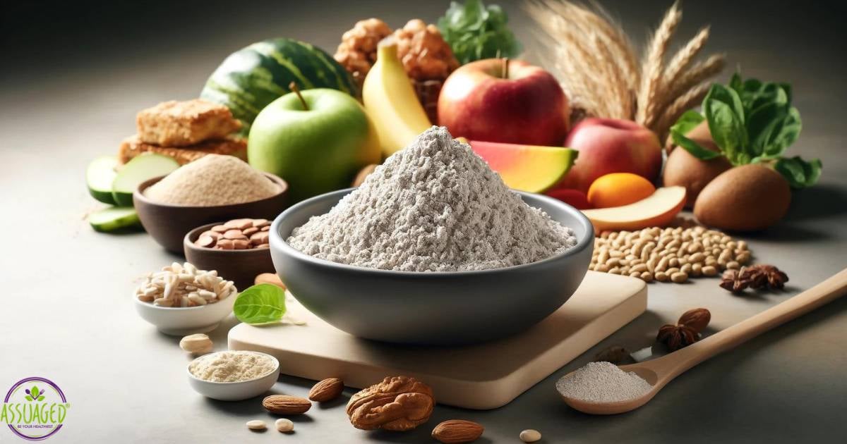 Display of natural dietary fiber sources, featuring a central bowl of fine fiber powder surrounded by whole foods including apples, kiwis, nuts, whole grains, and legumes.